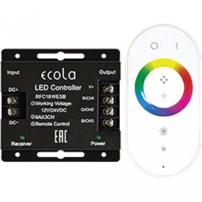 Контроллер ECOLA LED strip RGB RF controller 18A 216W 12V (432W 24V) с кольцевым сенсорным белым радиопультом RFC18WESB Контроллер ECOLA LED strip RGB RF controller 18A 216W 12V (432W 24V) с кольцевым сенсорным белым радиопультом RFC18WESB